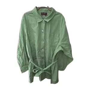 Denim & Co. Green Tie Waist Pocket Long Sleeve Button Down Shirt Womans Size 3X - Picture 1 of 5