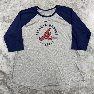 Atlanta Braves Shirt Womens 2XL Gray Blue Nike MLB Baseball Raglan Tee swoosh - Image 1 of 4