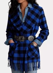 Polo Ralph Lauren Women's XXL Plaid Fringe Edge Belted Wrap Coat Jacket Blk/Blue - Picture 1 of 8