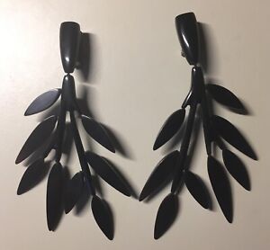 Josie Natori Black Horn Leaf Clip Earrings Runway