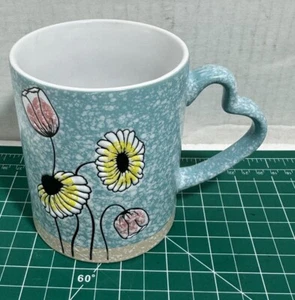 Gibson Home Sunflowers Embossed 16 OZ Stoneware Mugs W/Heart Shaped Handles - Picture 1 of 7