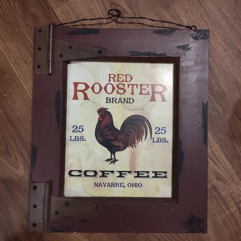 RUSTIC ROOSTER Wood Framed Wall or Door Sign Natural Wood 14.5" X 12.5" Coffee  - Image 1 of 4