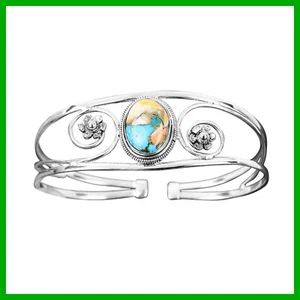Sterling Silver Natural Spiny Oyster Copper Turquoise New Flower Bangle Bracelet - Picture 1 of 7