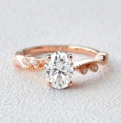 Anillo de regalo de boda nupcial de moissanita real de corte ovalado de 1,35 quilates de oro rosa macizo de 14 quilates Foto 1 de 4