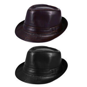 Men's Classic PU Leather Fedora Gangster Trilby Hat Short Brim Panama Jazz Cap