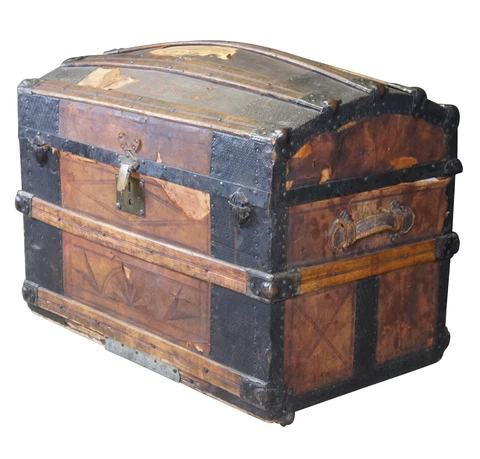 Antique 19th Century Victorian Tooled Leather & Oak Dome Top Steamer Trunk Chest Cover