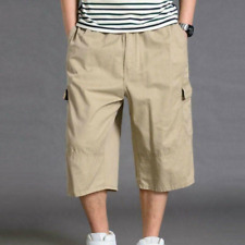 Men 3/4 Length Cargo Pants Shorts Loose Casual Pockets Cotton Trousers Over Size