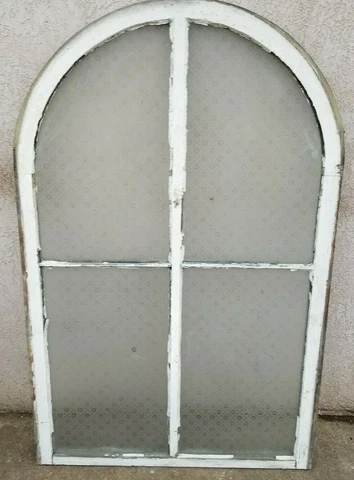 1870s LARGE Victorian ARCHED ANTIQUE CHURCH RARE Etched GLASS WINDOW Dome Top A Cover