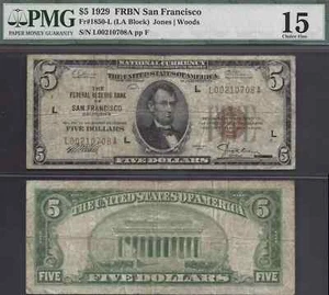 $5 1929 FRBN, Fr. 1850-L, San Francisco PMG Choice Fine 15 - Picture 1 of 1