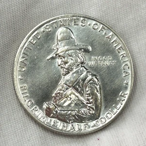 1920 Pilgrim Tercentenary Commemorative 90% Silver Half 1/2 Dollar 50c AU - Picture 1 of 5