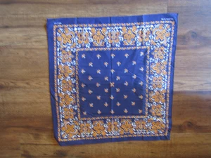 US MADE Vintage BLUE w/WHITE YELLOW 100% Cotton BANDANNA SCARF - 1970's - Picture 1 of 3