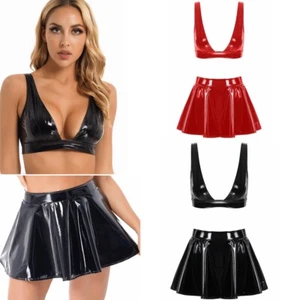 Agoky Damen Party Club Outfit Sexy Lack Leder Tiefer V-Ausschnitt Top Minirock - Bild 1 von 38