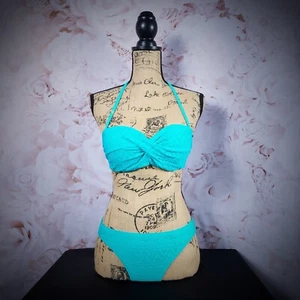 Turquoise Twist Push-up Bandeau Matching Bikini Set - Picture 1 of 20
