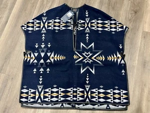 Pendleton Southwest Cloak Cape Poncho Shawl 100% Wool w/ Leather Navy NEW $549 - Picture 1 of 6