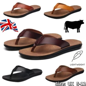 Men Casual Genuine Leather Flip Flops Thong Sandals Outdoor Beach Shoes Flats - Picture 1 of 29
