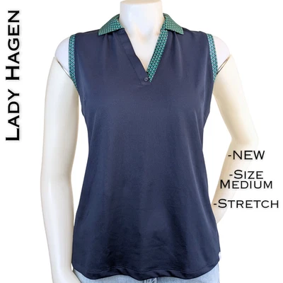 全新 Lady Hagen 高尔夫上衣 中号 海军蓝 带绿色几何装饰 无袖 运动 — 第 1/4 张图片