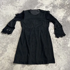 Zara Mini Dress Women Size Small Black Suede Fringe Sleeve Round Neck - Picture 1 of 10