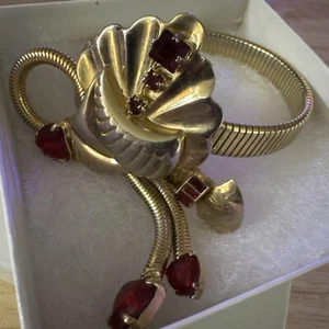 Pulsera elástica estilo Art Deco diseño Zoe Coste vintage cristales rojos corazones - Imagen 1 de 9