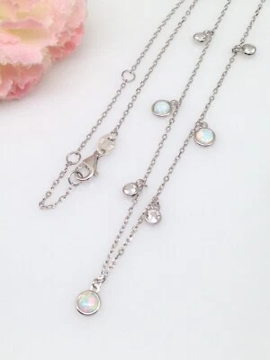 Collar con bisel de plata de ley 925 circonita cúbica y estación de ópalo blanco 3,2 mm/4,5 mm 18" Foto 1 de 4