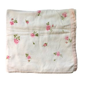 Vtg Pink Satin Edge White Flannel Bed Blanket Floral Roses Unbranded 74”x82”
