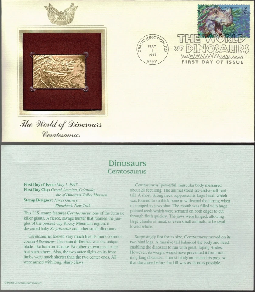 The World of Dinosaurs--Ceratosaurus--1st day issue-Golden Replica - Image 1 of 1