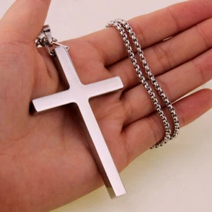 Polierte Schmuck Männer Frauen Edelstahl Silber Große Kreuz Anhänger Halskette - Bild 1 von 9