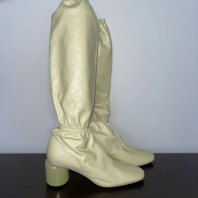 JIL SANDER Botas hasta la Rodilla de Cuero Suave Amarillo Claro Talla US8 EU 38.5 Nuevas Foto 1 de 4