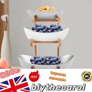 3 Tiers Modern Fruit Stand Storage Holder Ceramic Fruit Bowls With Bamboo Rack - Picture 1 of 18