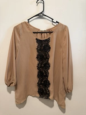 Soprano Tan Blouse Black Lace Panel M - Image 1 of 3