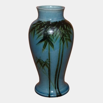 Awaji Japanese Art Pottery Vintage Blue Bamboo Stalks Decorated Art Nouveau Vase - Image 1 of 4