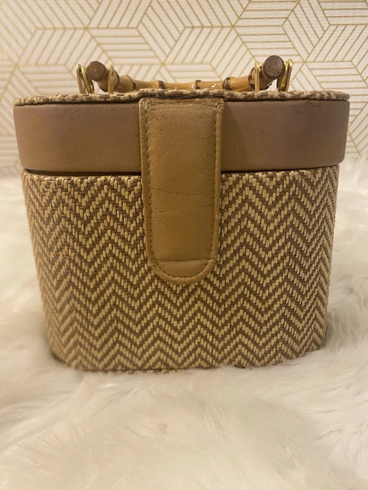 Vintage 1960’s Woven Raffia Straw Mini Purse Travel Case Bamboo Top Handle Read  - Image 1 of 4