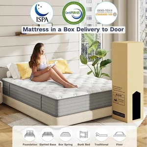 10" 12" 14'' Twin Full Queen King Memory Foam Spring Hybrid Mattress in a Box - Picture 1 of 35