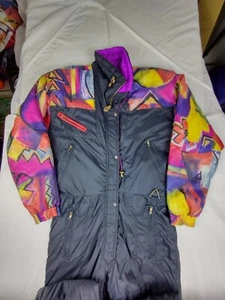 Women's Sz 10 Vtg 80s 90s SKIING PASSPORT One Piece Ski Snowsuit Snow Bib Retro - Picture 1 of 24