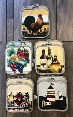 2 Vintage Style Theme Pot Holders - 7" x 7"- Farm Wine Chicken Grapes Lighthouse - Image 1 of 4
