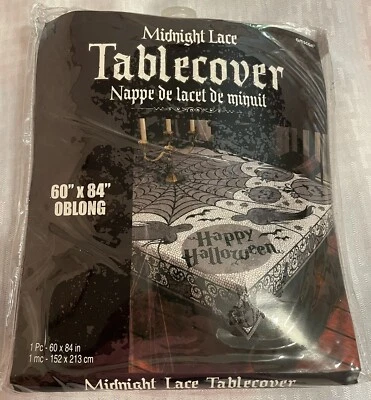 Midnight Lace  Spider Web Halloween Party Oblong 60x84" Fabric Tablecover Black - Image 1 of 4