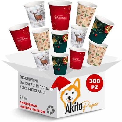 300 Bicchieri natalizi caffe' carta 75ml Natale: AKITAInk monouso biodegradabili - Immagine 1 di 4