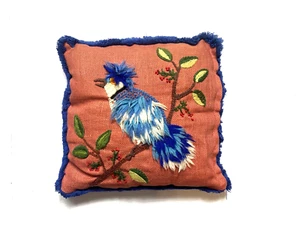 Vintage Handmade Bird Pillow Cover Case Needlepoint Applique Tropical Rare Zip - Imagen 1 de 8