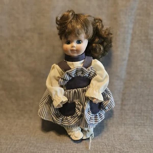Vintage Porcelain Doll  Blue  Stripe  Dress Brown Curly Hair Blue Eyes 9" - Picture 1 of 8