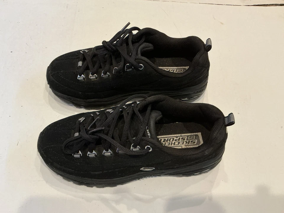 Zapatillas deportivas Skechers Premium para mujer 7,5 SN1718 negras de gamuza con cordones para caminar Foto 1 de 4