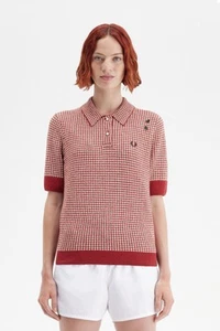 Fred Perry Amy Winehouse Gingham Knitted Polo Shirt Burnt Red Uk 6 New With Tags - Picture 1 of 12