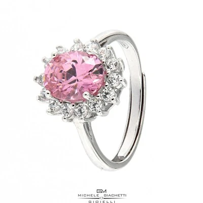 ANELLO ARGENTO RODIATO 925 MARGHERITA PRINCIPESSA ROSA 9X7 ZIRCONI BIANCHI - Immagine 1 di 4