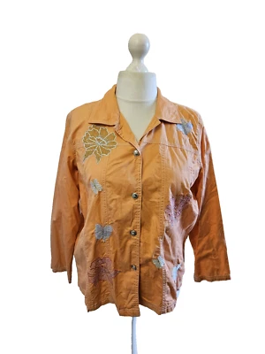 QUACKER FACTORY orange embroidered jacket size large floral butterfly shirt - Image 1 of 4