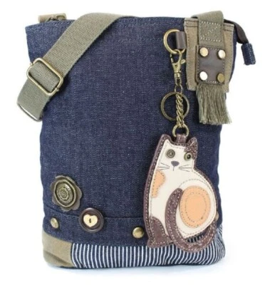 Chala Purse Handbag Denim Canvas Crossbody With Key Chain Tote Kitten Kitty Cat - Image 1 of 4