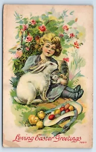 Liebevolle Ostergrüße kleines Mädchen mit Hasen Küken und Eiern um 1913 Postkarte - Bild 1 von 2