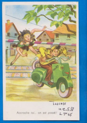 Cómic Vespa Scooter Accidente de motocicleta, niña, pinup, postal vintage 1957 Foto 1 de 2