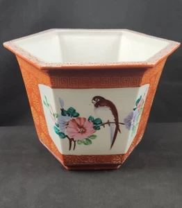Chinese Porcelain Planters With yellow flowers and and a brown bird #F7 - Picture 1 of 9