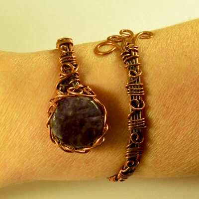 Amethyst Crystal Wire Wrapped Copper Cuff - Unique Handmade Jewelry - Image 1 of 2