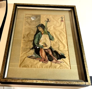 FRAMED PAINTING ON SILK, JAPANESE - LADY WITH LUTE - 17"X13" - Picture 1 of 5