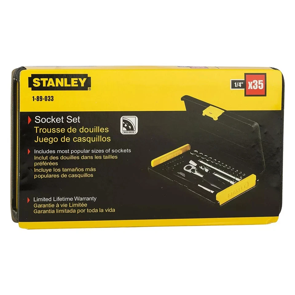 STANLEY 1-89-033 1/4" Drive 6 PT Socket and Bit Mechanic Tool Kit Silver 35 Pcs - Image 1 of 4