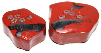 Antique Japanese Jewelry or Ring Box Red Lacquer Ware Small Stacked Signed - Image 1 of 4